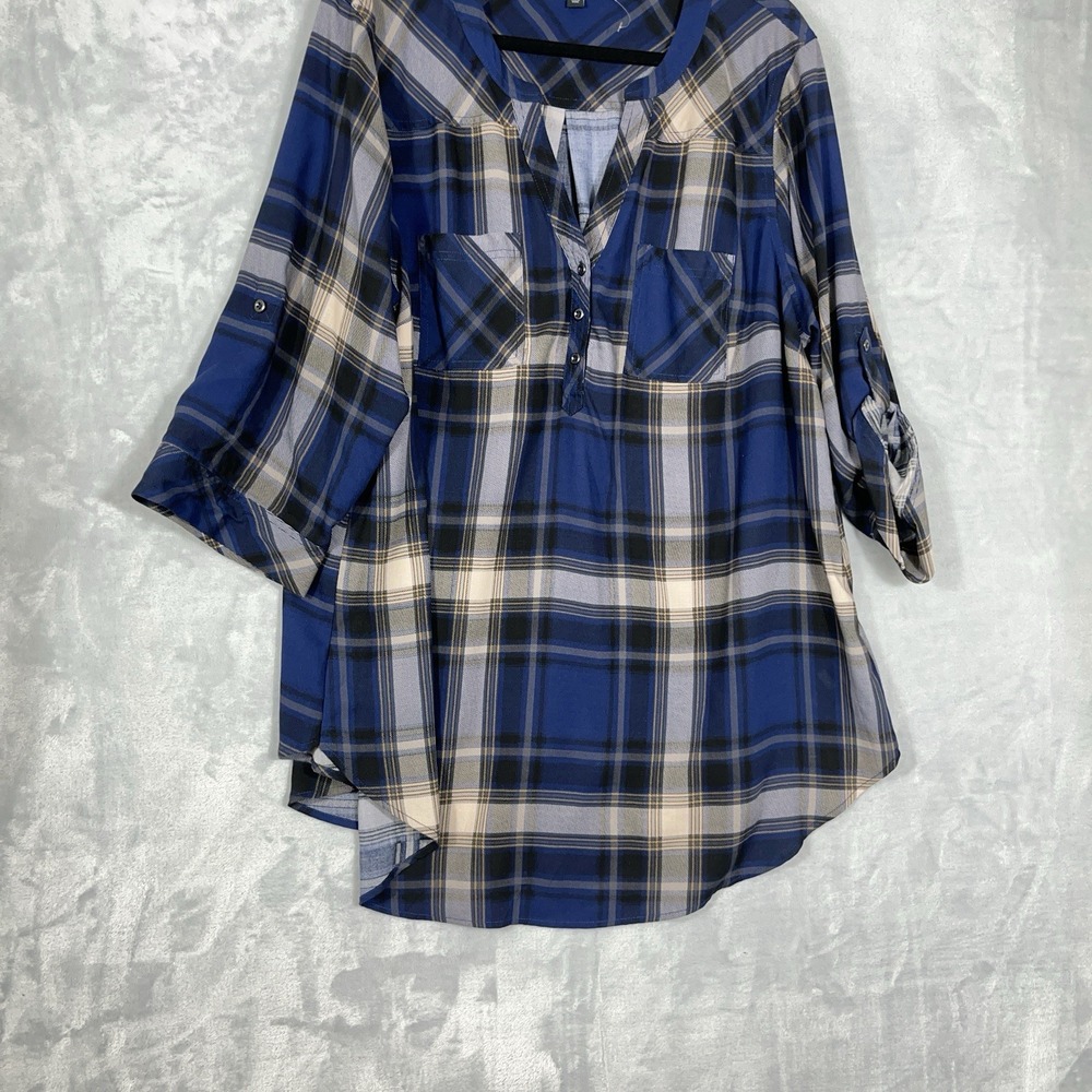 Torrid Harper Tunic Top Womens 2 Blue Plaid Roll Tab Sleeve Blouse Office Casual - Picture 8 of 12